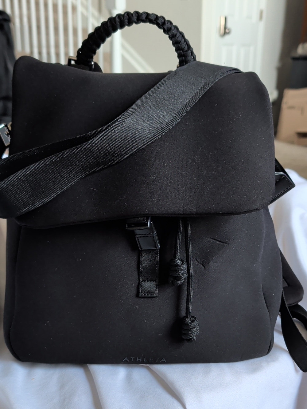 Athleta Black Neoprene Roll-Top Backpack with Braided Handle